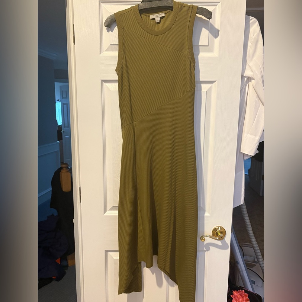 AllSaints Olive Ribbed Asymmetrical Midi Dress